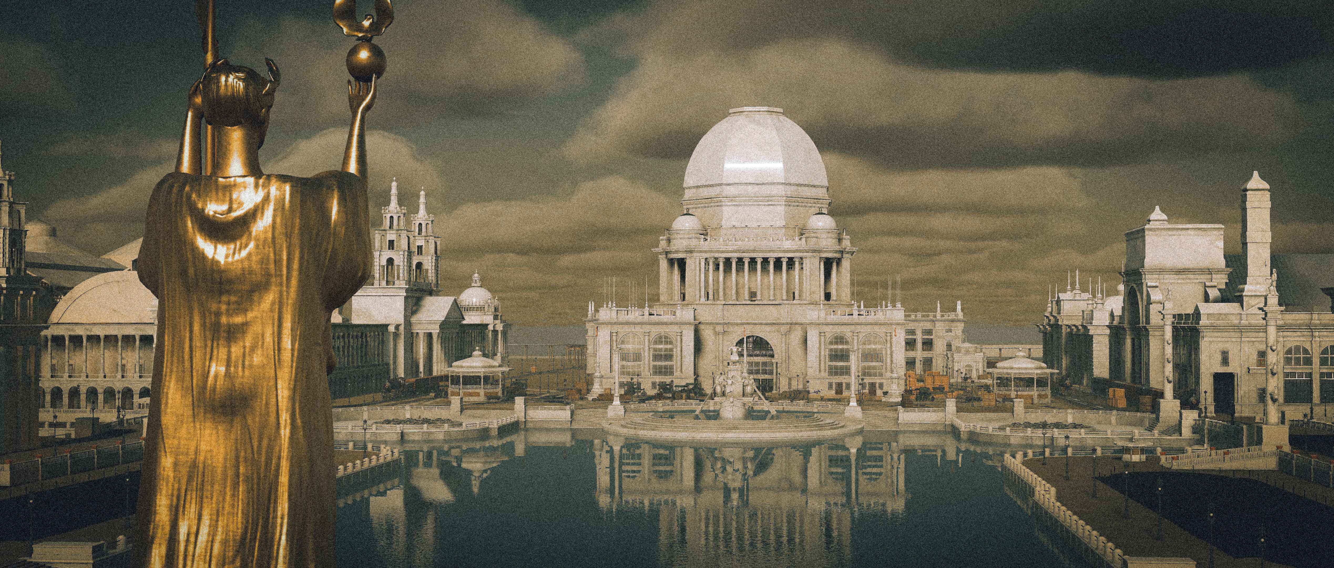 In-game view across the water to the buildings of the 1893 World's Columbian Exposition